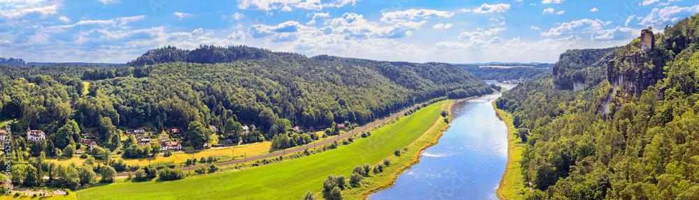 Beautiful landscape, panorama, banner - view of the Elbe river near the village of Rathen in the Elbe Sandstone Mountains, in Saxony, Germany Beautiful landscape, panorama, banner - view of the Elbe river near the village of Rathen in the Elbe Sandstone Mountains, in Saxony, Germany