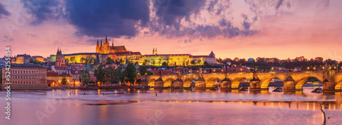 Photography City summer landscape at sunset, panorama, banner - view of the Charles Bridge a