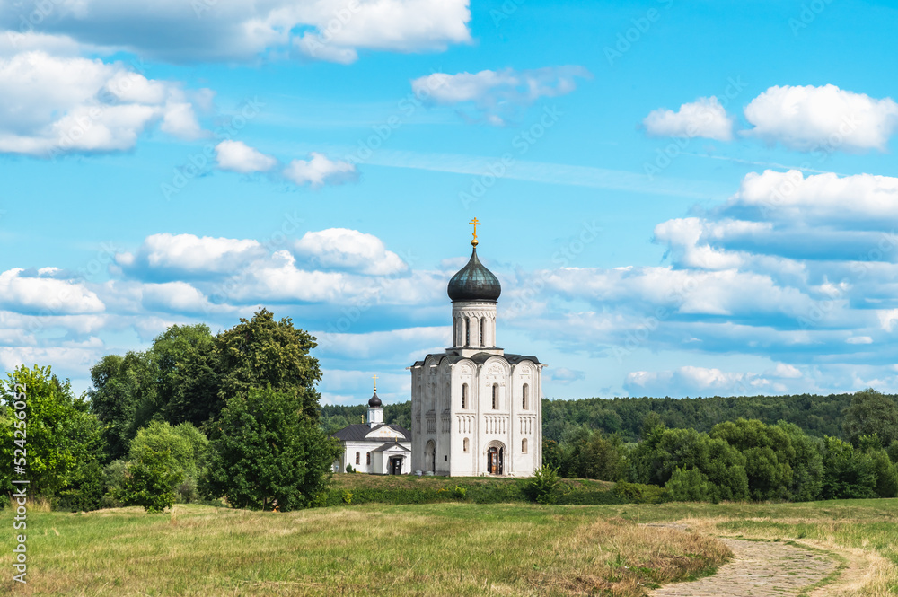 Church of the Intercession on the Nerl on a summer day. Russia, Bogolyubov meadow.