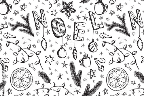 Doodle Christmas Vector Seamless Pattern. Monochrome repeated Illustration with spice, orange and christmas lights for New Year Wrapping paper, Wallpaper, textile, poster, greeting card. EPS10