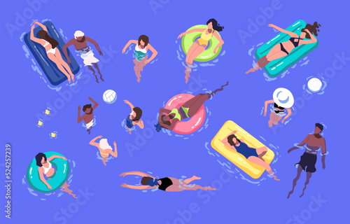 People relaxing in summer water pool, floating on inflatable mattresses, swimming with rubber rings, sunbathing. Top view of diverse men, women in swimwear in sea. Colorful flat vector illustration
