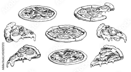 Hand drawn sketch style pizza set. Different types of pizza. Whole and pieces with melted cheese. Best for menu design and packaging. Vector illustrations.