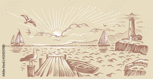 Landscape, sea, lighthouse. Hand drawn vector illustration