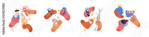 Hands with party drinks set. Holding, toasting, cheers with alcohol, cocktails, lemonades glasses, coffee cups for friends celebration. Flat graphic vector illustration isolated on white background