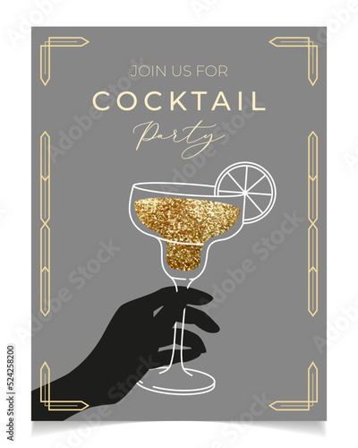 Outline illustration of woman's hand holding cocktail glass, vector. Invitation for party template. Line art margarita cocktail. Art deco concept design. Event, party, presentation, promotion, menu.