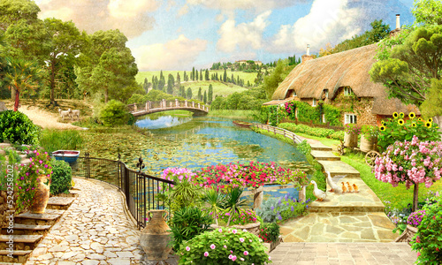 Digital collage, terrace overlooking a pond with a country house. Photo wallpapers. photo