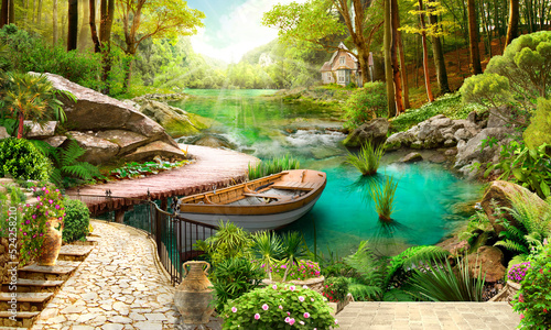 A boat in the pond by the terrace, a beautiful house in the forest. photo