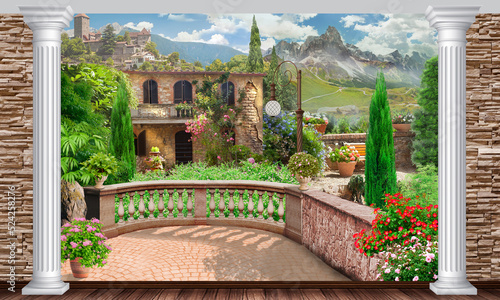 Photo wallpapers. Collage with a view from the balcony to the mountain village. photo