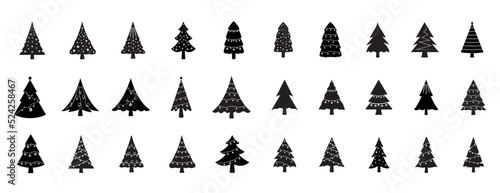 A set of Black Christmas Tree Vector illustration and Icon. A set of Christmas tree icon symbol. Various christmas tree silhouette. set of Christmas Tree black flat glyph