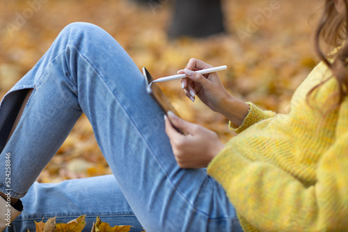 Young woman model sitting with tablet pc and painting with pencil stylus in autumn park with yellow foliage maple leaves. photo