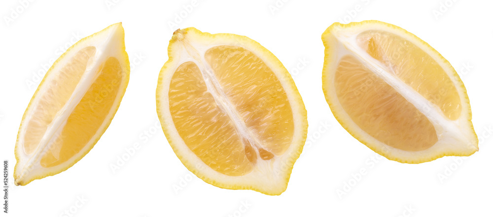Ripe slice of yellow lemon citrus fruit isolated over alpha background Ripe slice of yellow lemon citrus fruit isolated over alpha background