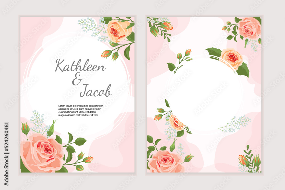 Elegant wedding design templates set  with beautiful roses bouquets. Best for invitations, greeting card, flyers. Vector illustrations collection.
