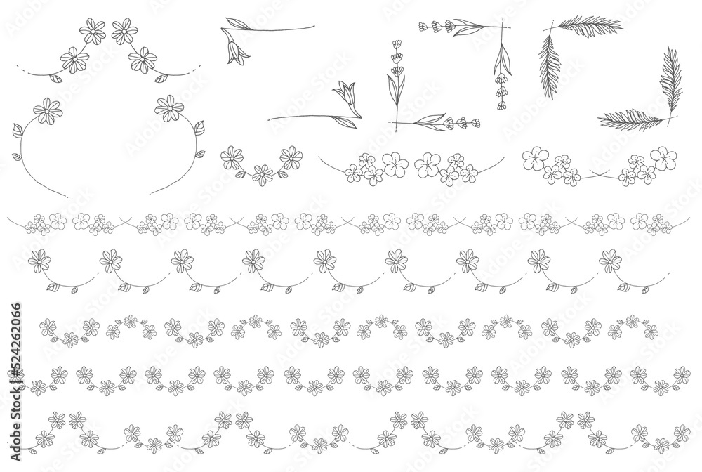 Obraz premium 手描き線画のフローラルフレームセット（モノトーン）3