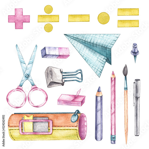 Watercolor set back to school with stationery