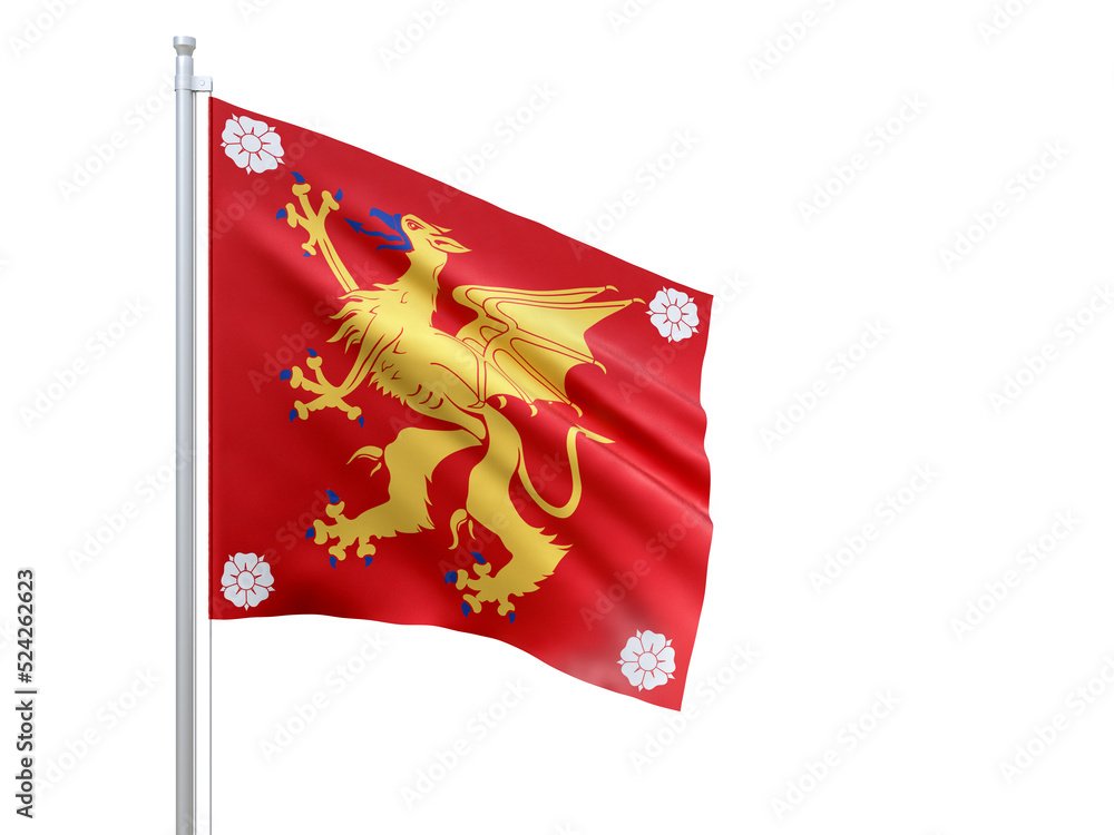 Ostergotland (county in Sweden) flag waving on white background, close up, isolated. 3D render Ostergotland (county in Sweden) flag waving on white background, close up, isolated. 3D render