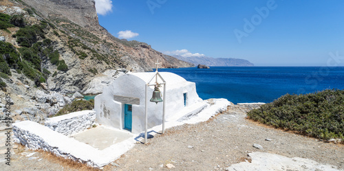 Panorama of Agia Anna chapel at Agia Anna Beach on Amorgos Island in Greece.