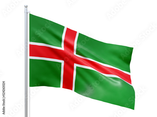 Smaland (province in Sweden) flag waving on white background, close up, isolated. 3D render