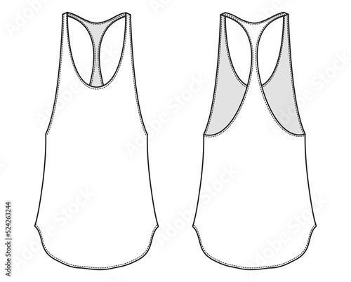 tank top flat sketch unisex round neck racer back tank top cad drawing vector illustration. front and back view template. isolated on white background.