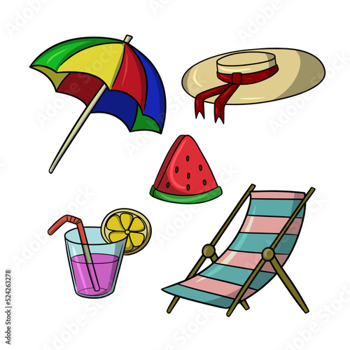 Set of icons, tourist vacation on the beach, vector cartoon