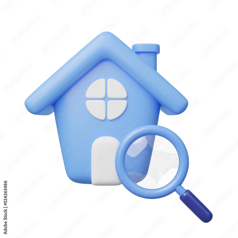3D house search icon. Cute home, Magnifying glass isolated on blue background. Business investment, real estate, inspection, find, research concept. Cartoon icon minimal style. 3d render illustration. 3D house search icon. Cute home, Magnifying glass isolated on blue background. Business investment, real estate, inspection, find, research concept. Cartoon icon minimal style. 3d render illustration.
