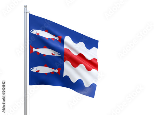 Vasternorrlands (county in Sweden) flag waving on white background, close up, isolated. 3D render