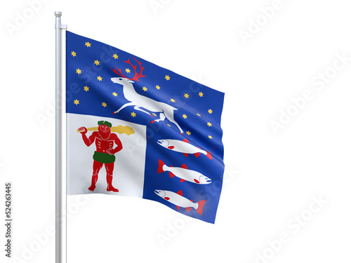 Vasterbottens (county in Sweden) flag waving on white background, close up, isolated. 3D render