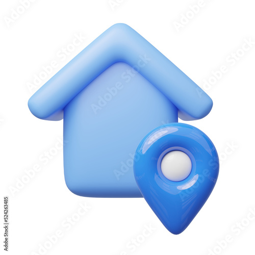 3d blue house, location pin icon. Cute home with GPS navigator checking points floating. Business investment, real estate, mortgage, loan concept. Cartoon icon minimal style. 3d render illustration.