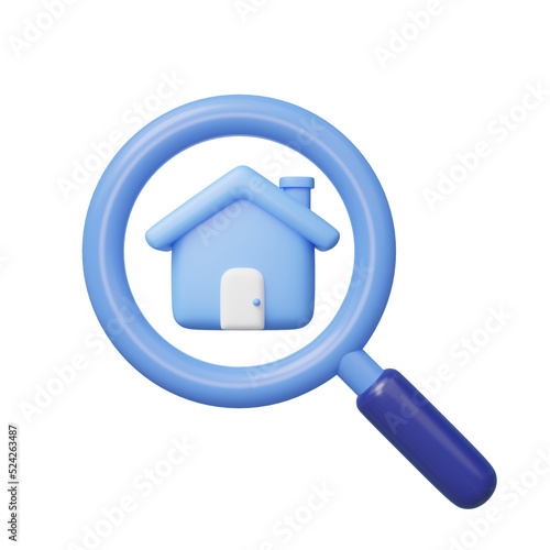3D house search icon. Magnifying glass, cute home isolated on blue background. Business investment, real estate, inspection, find, research concept. Cartoon icon minimal style. 3d render illustration.