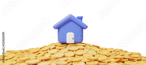 3d blue house on a pile of coins. Home model with door icon on blue background. Financial investment growth concept. Mockup cartoon icon minimal style. 3d render illustration.