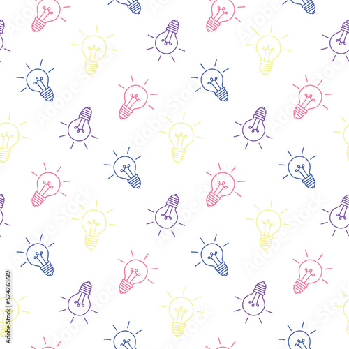 Hand drawn colorful light bulbs on white background, seamless pattern, flat vector