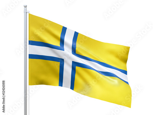 Vastergotland (province in Sweden) flag waving on white background, close up, isolated. 3D render