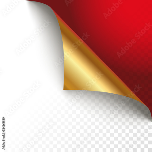 Red corner with gold page curl . Vector illustration.