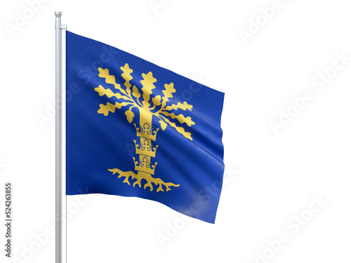 Blekinge (county in Sweden) flag waving on white background, close up, isolated. 3D render