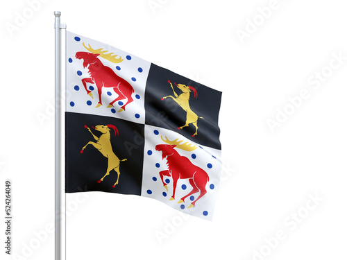 Gavleborgs (county in Sweden) flag waving on white background, close up, isolated. 3D render