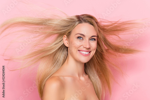 Fényképezés Photo of joyful lady have her hairstyle hairdo fly new anti dander shampoo aplly