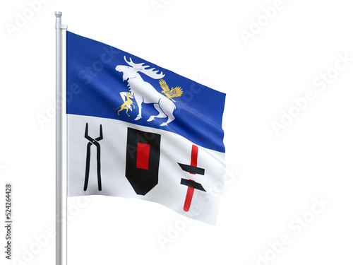 Jamtland (county in Sweden) flag waving on white background, close up, isolated. 3D render