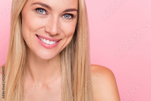 Cropped photo of joyful lady toothy smiling detox aesthetic pure skin treatment concept isolated over pink pastel color background