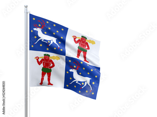 Norrbottens (county in Sweden) flag waving on white background, close up, isolated. 3D render