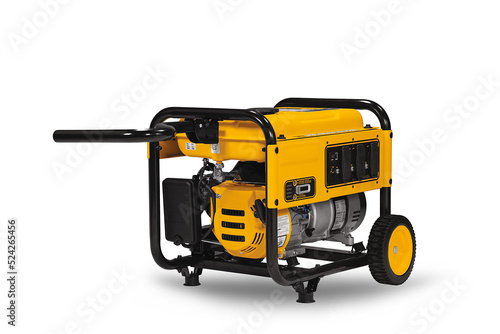 Portable gas generator on white background. Powerful portable gas or diesel generator to provide electricity. 