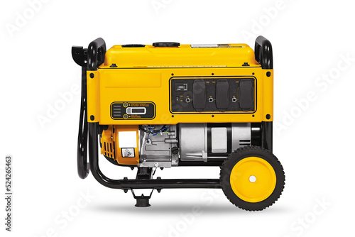 Portable gas generator on white background. Powerful portable gas or diesel generator to provide electricity. 