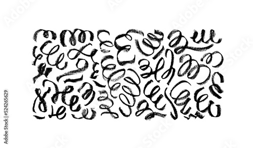 Charcoal curved lines and wavy brushstrokes isolated on white background. Charcoal pencil scribble vector set. Pencil stroke lines, dry smears, squiggles. Hand drawn vector sketch drawing