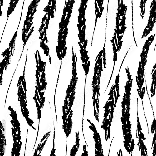 Seamless lavender flowers pattern. Hand drawn black charcoal flowers. Botanical rustic ornament. Black and white botanical background with lavender branches. Graphic texture background