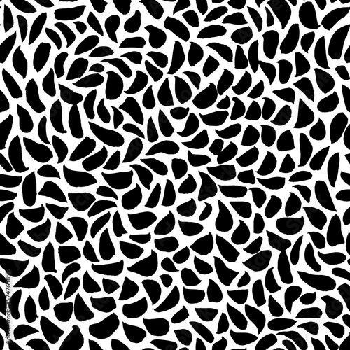 Simple geometric seamless pattern with dashes. Black paint curved dry brush strokes. Small and short uneven blots. Decorative vector texture for web, print or design. Brush grunge scribble strokes