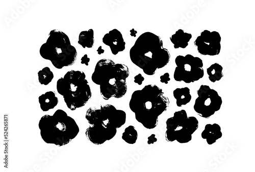 Vector set of ink drawing flowers silhouettes. Monochrome artistic botanical illustration with chamomiles, peony, anemones and poppies. Sketch floral botany collection with black bold brush strokes.