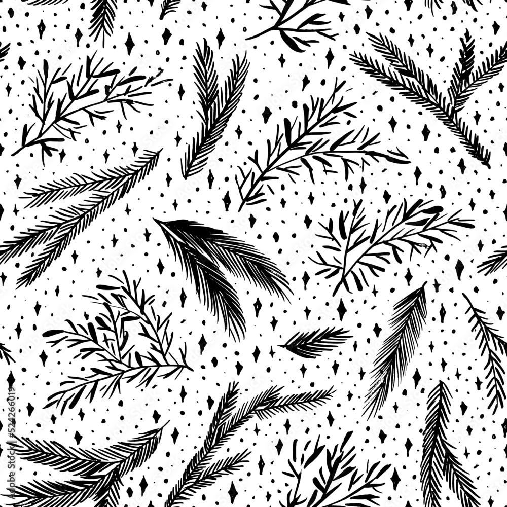 Fir and pine cones vector seamless pattern with small dots, snowflakes and stars. Evergreen branches vector ornament. Hand-drawn black winter botanical elements. Background for winter holiday. Fir and pine cones vector seamless pattern with small dots, snowflakes and stars. Evergreen branches vector ornament. Hand-drawn black winter botanical elements. Background for winter holiday.