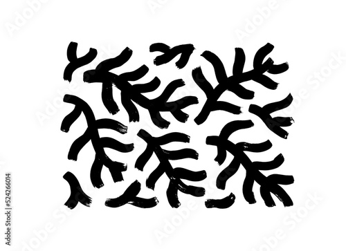 Naive abstract fir tree and pine branches collection. Hand sketched floral design elements for Christmas in rough naive style. Illustration of pine branches and spruce isolated on white background.