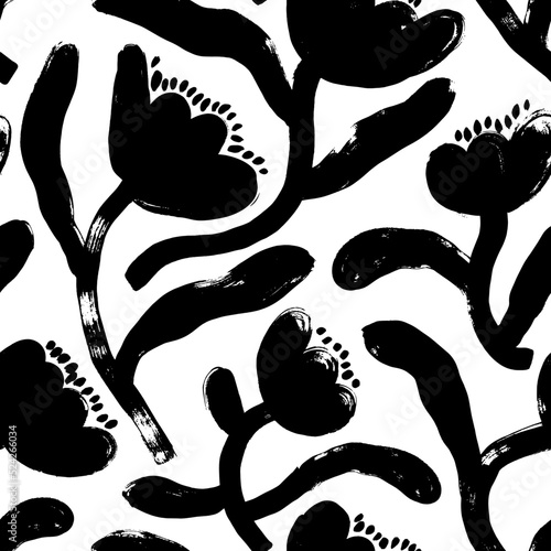 Seamless pattern with abstract flowers silhouettes. Hand drawn vector ornament with stylized tulip stems. Floral design, naive art style. Abstract blossom, trendy floral pattern in retro style.