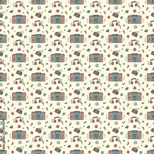 Music background. Seamless pattern with Hand drawn doodle Retro Musical Equipment.
