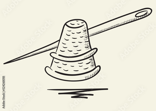 Hand drawn needle and thimble illustration