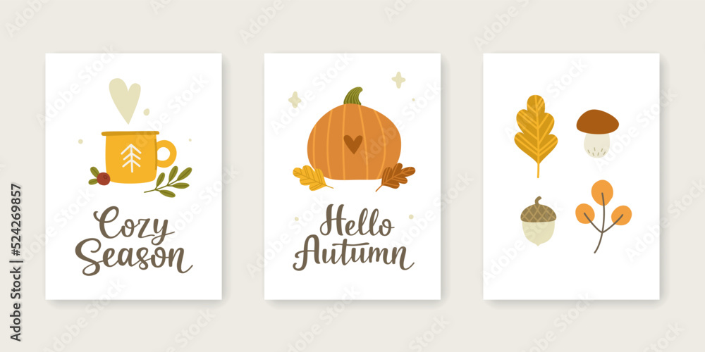 Set of cozy autumnal poster. Collection of fall vector prints for postcards.